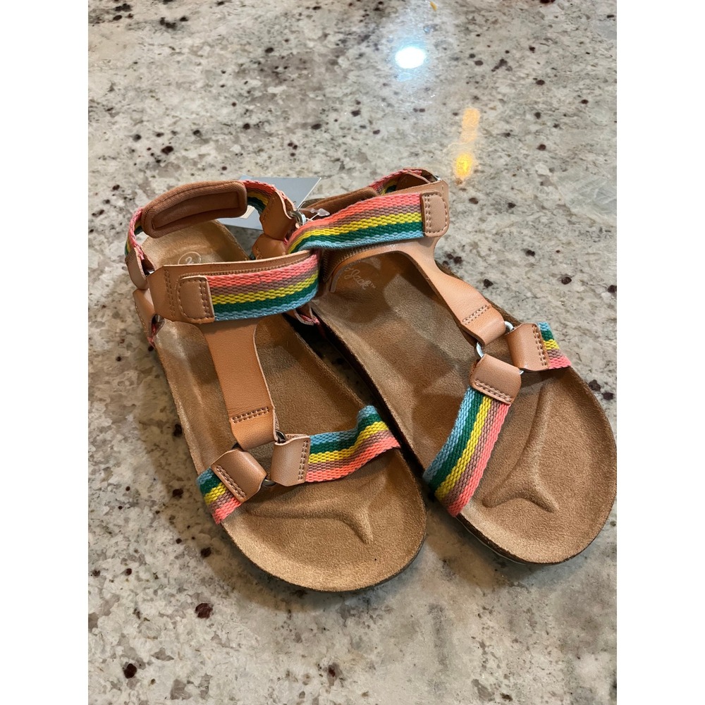 Cat & Jack Girls Ade Footbed Sandals Rainbow Strappy Tan Multi Color Size 2 NEW